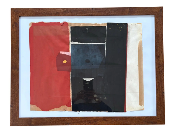 Barbara Beck Framed Abstract Collage on Paper in Brown Wood Frame