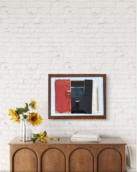 Barbara Beck Framed Abstract Collage on Paper in Brown Wood Frame