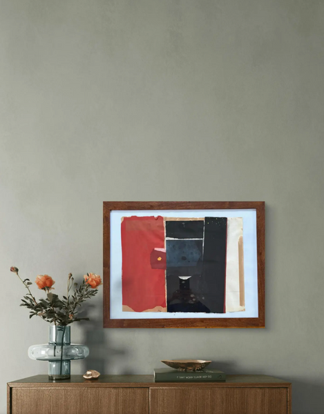 Barbara Beck Framed Abstract Collage on Paper in Brown Wood Frame