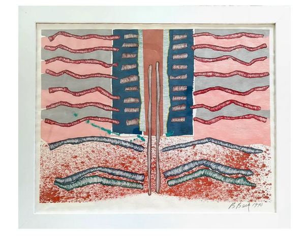 Barbara Beck 1990 Framed Abstract Watercolor Painting on Paper in White Wood Frame