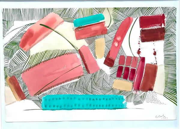 Barbara Beck Framed 1984 Abstract Painting on Paper in White Wood Frame