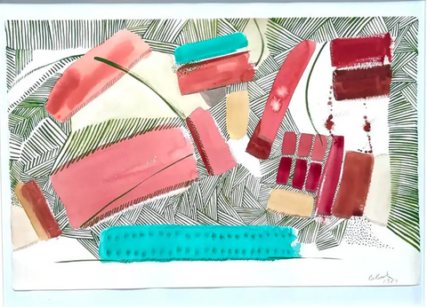 Barbara Beck Framed 1984 Abstract Painting on Paper in White Wood Frame