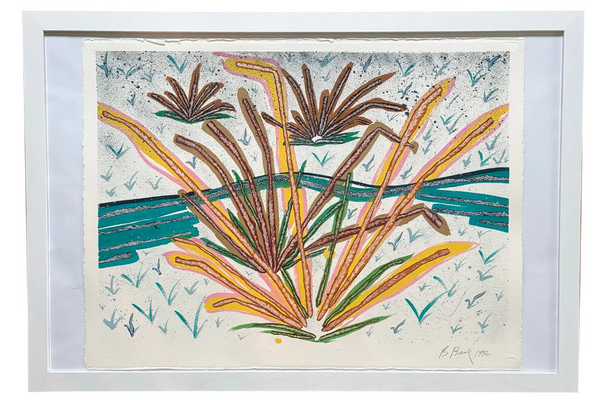 Barbara Beck 1992 Framed Landscape Painting on Paper in White Wood Frame