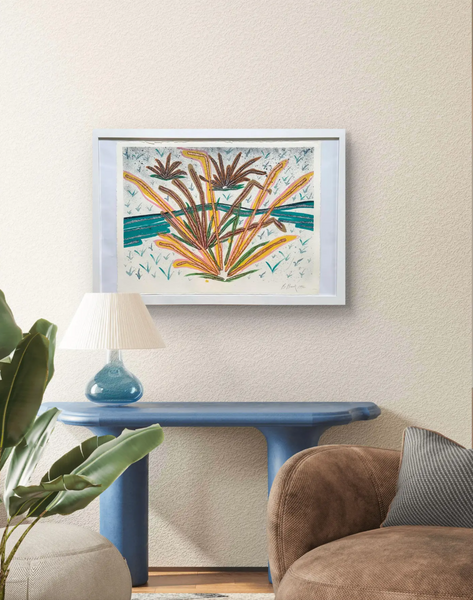 Barbara Beck 1992 Framed Landscape Painting on Paper in White Wood Frame