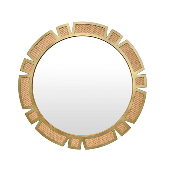 Sunday Round Framed Rattan and Modern Brass Sunburst Mirror