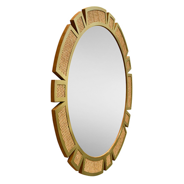 Sunday Round Framed Rattan and Modern Brass Sunburst Mirror