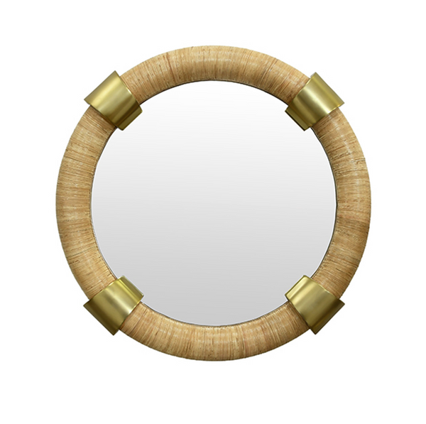 Saylor Round Wrapped Rattan and Brass Wall Mirror