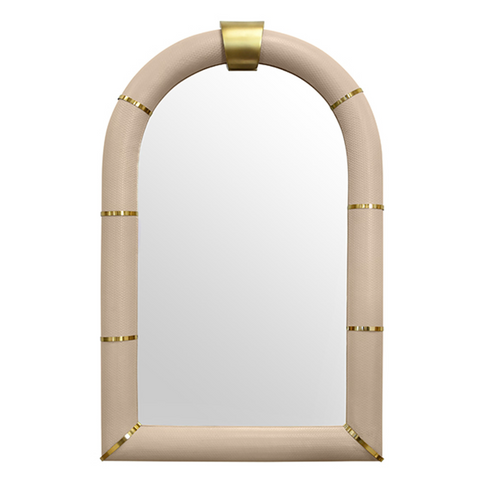 Bowie Arched Faux Ivory Textured Leather Mirror with Antique Brass Details