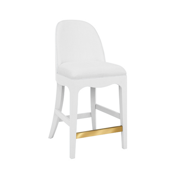Sadie White Textured Linen Framed Counter Stool with White Performance Linen and Brass