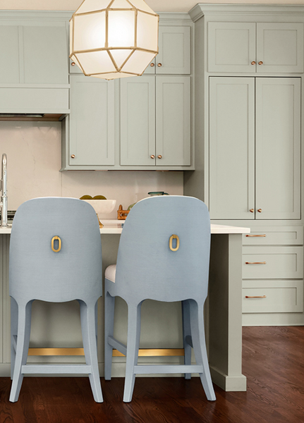 Sadie Light Blue Textured Linen Framed Counter Stool with White Performance Linen Upholstery and Brass