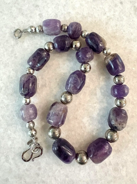 Antique Re-Strung Hand carved Pre-Columbian Amethyst Bead and Silver Spacers Necklace