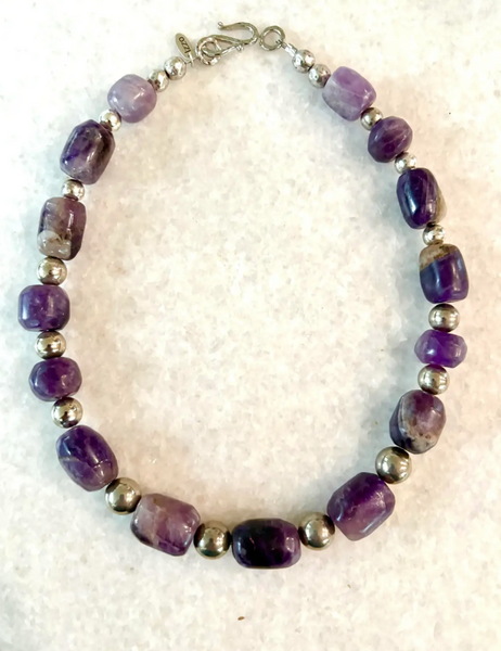 Antique Re-Strung Hand carved Pre-Columbian Amethyst Bead and Silver Spacers Necklace