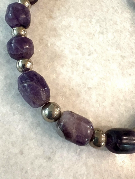 Antique Re-Strung Hand carved Pre-Columbian Amethyst Bead and Silver Spacers Necklace