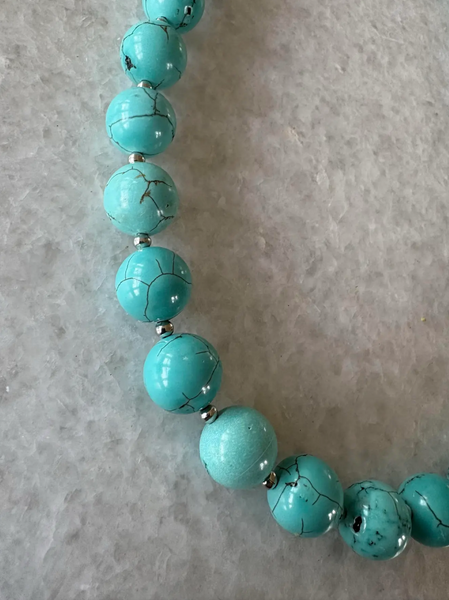 Turquoise Beaded Necklace With Silver Tone Spacers and Clap - Designed by Matthew Izzo