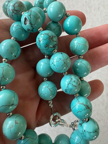 Turquoise Beaded Necklace With Silver Tone Spacers and Clap - Designed by Matthew Izzo