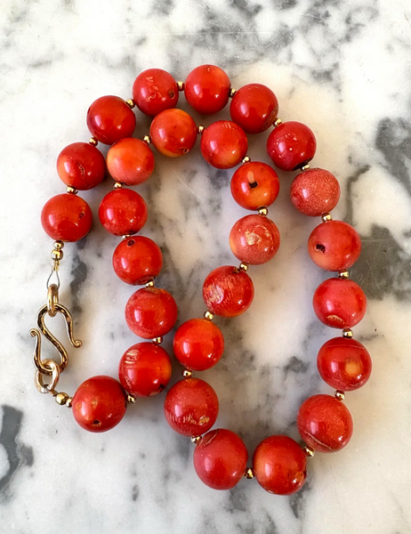 Coral Beaded Necklace With Gold Tone Spacers and Hook Clasp - Designed by Matthew Izzo