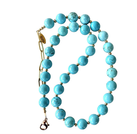 Turquoise Beaded Necklace With Gold Tone Spacers and Clasp - Designed by Matthew Izzo