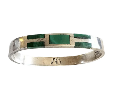 Vintage Taxco Sterling Silver and Malachite Inlay Hinge Bracelet - Mexico