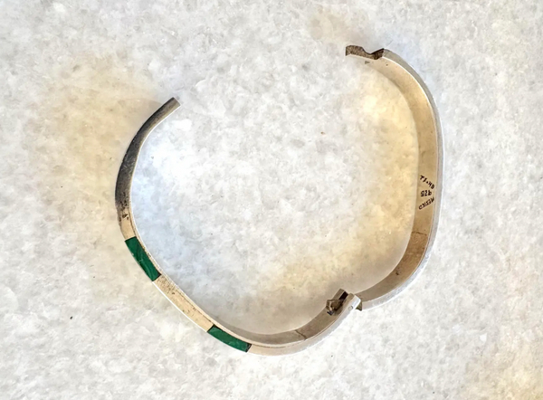 Vintage Taxco Sterling Silver and Malachite Inlay Hinge Bracelet - Mexico