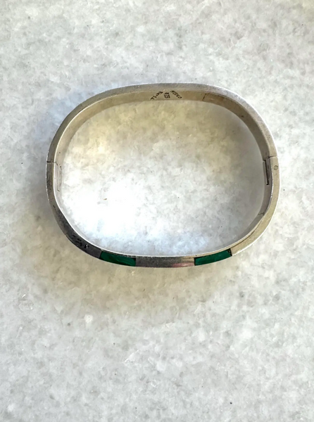 Vintage Taxco Sterling Silver and Malachite Inlay Hinge Bracelet - Mexico