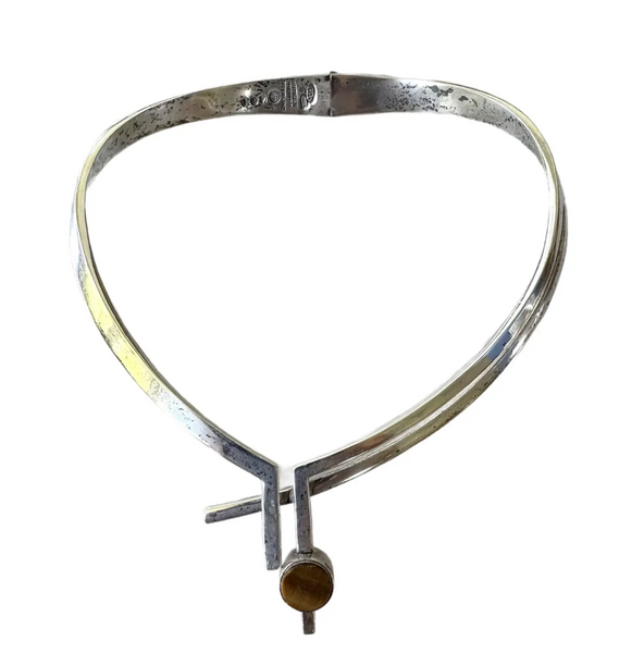 Vintage Antonio Pineda Sculptural Necklace - Sigi Taxco Sterling Silver, Tiger's Eye Onyx