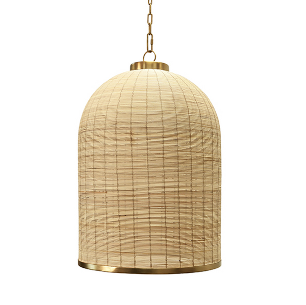 Laken Bell Shaped Natural Rattan Pendant Light with Satin Brass Trim