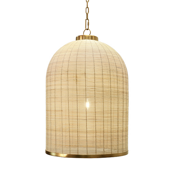 Laken Bell Shaped Natural Rattan Pendant Light with Satin Brass Trim