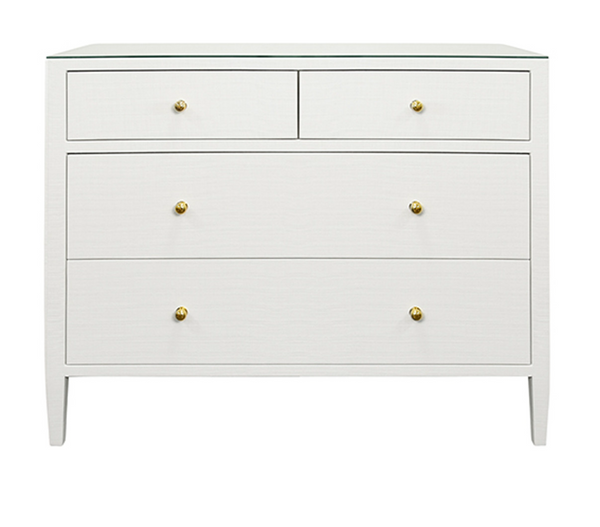 Michelle Textured White Linen, Glass Top, Four Drawer Chest With Brass Knobs