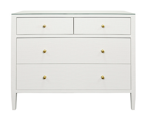Michelle Textured White Linen, Glass Top, Four Drawer Chest With Brass Knobs