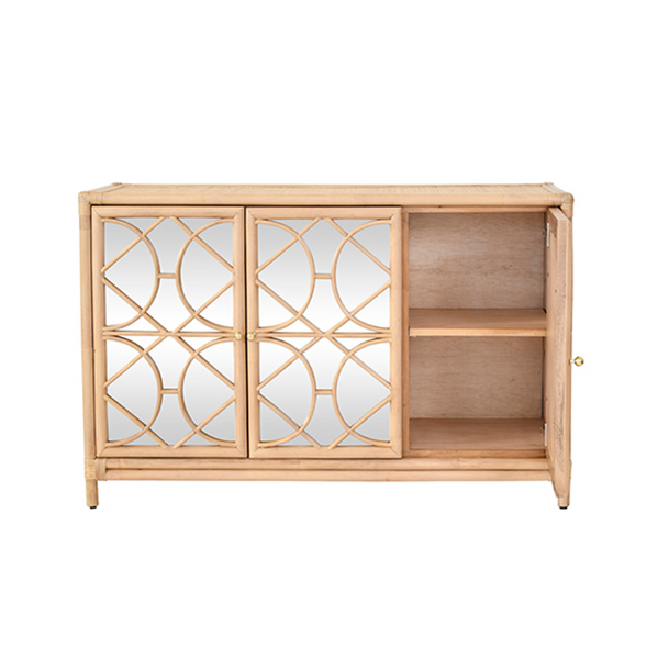 Aria Natural Rattan Three Door Buffet Cabinet with Mirro Front Doors and Adjustable Shelves