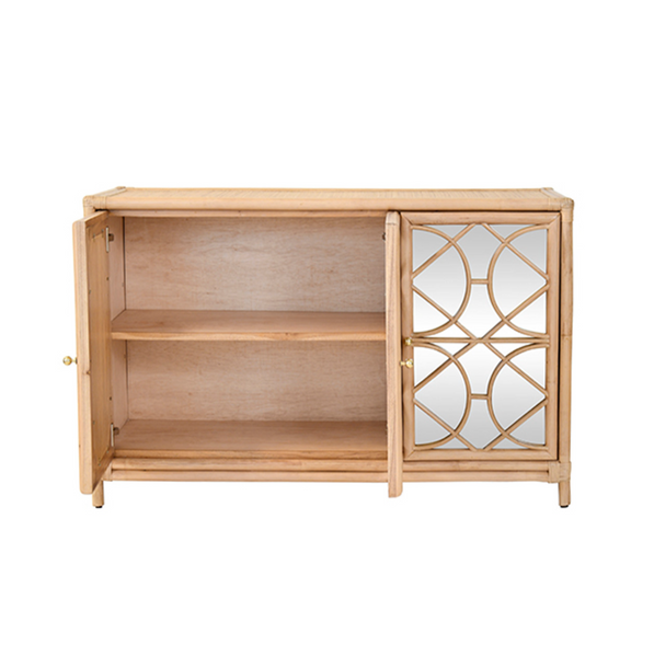 Aria Natural Rattan Three Door Buffet Cabinet with Mirro Front Doors and Adjustable Shelves