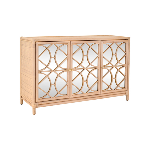 Aria Natural Rattan Three Door Buffet Cabinet with Mirro Front Doors and Adjustable Shelves
