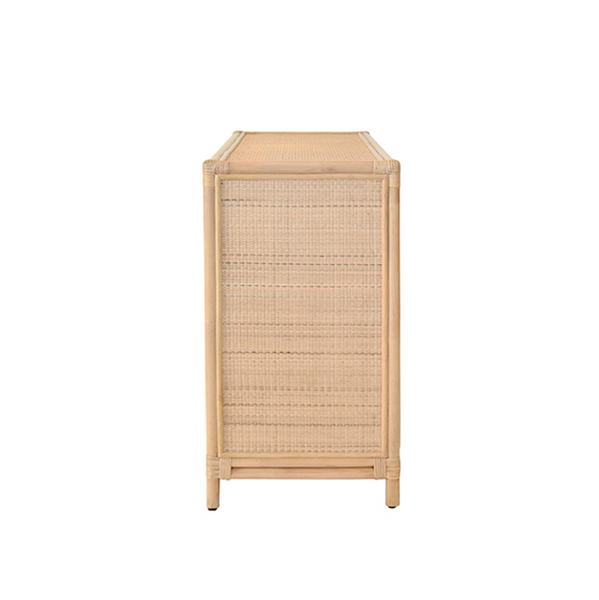 Aria Natural Rattan Three Door Buffet Cabinet with Mirro Front Doors and Adjustable Shelves