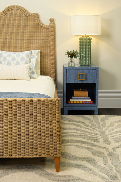 Blair Light Blue Grasscloth One Drawer Square Side Table with Satin Brass Drawer Pull and Glass Top