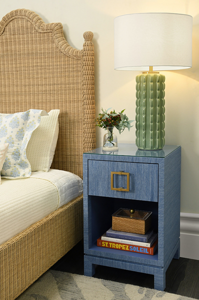 Blair Light Blue Grasscloth One Drawer Square Side Table with Satin Brass Drawer Pull and Glass Top