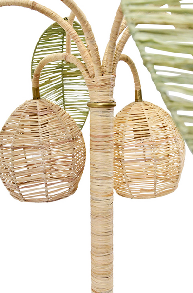 Sola Green and Natural Paper Rafia Palm Tree and Coconut Table Lamp with Brass Details