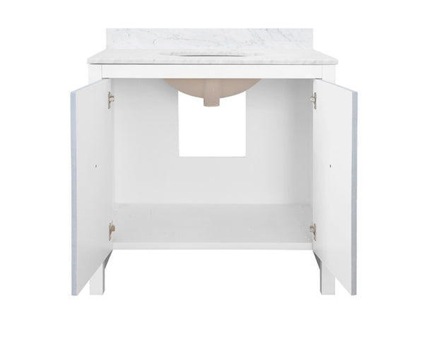 April Single Sink Bath Vanity - Light Blue Linen with Matte White Lacquer and Antique Brass Hardware