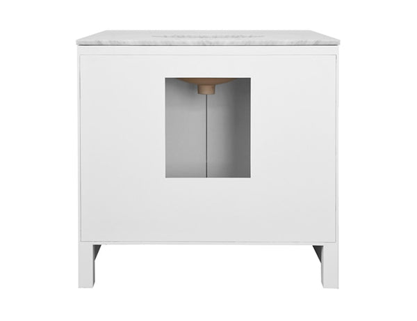 April Single Sink Bath Vanity - Light Blue Linen with Matte White Lacquer and Antique Brass Hardware