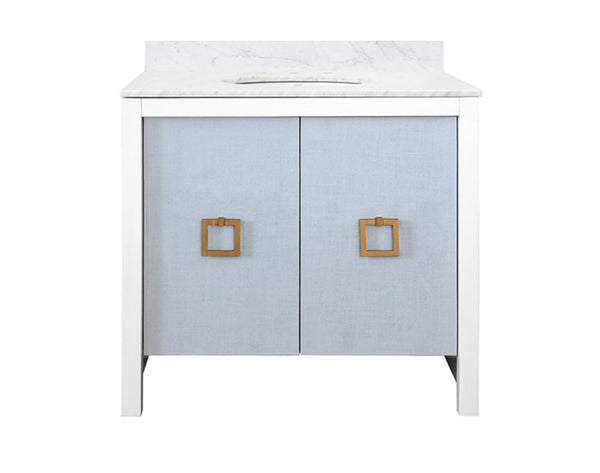 April Single Sink Bath Vanity - Light Blue Linen with Matte White Lacquer and Antique Brass Hardware