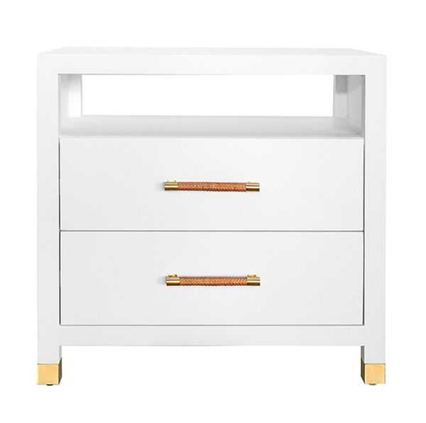 Hancock Two Drawer Side Table - Matte White, Natural Grasscloth, or Burlwood w/Rattan Wrapped Handles