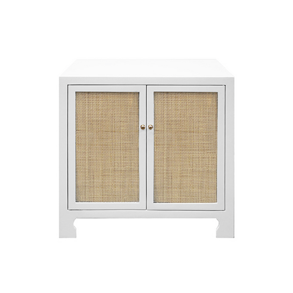 Alden Two Door Cabinet - Matte White Lacquer, Cane, & Brass Knobs
