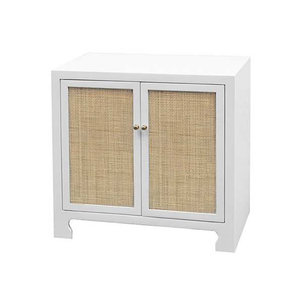 Alden Two Door Cabinet - Matte White Lacquer, Cane, & Brass Knobs