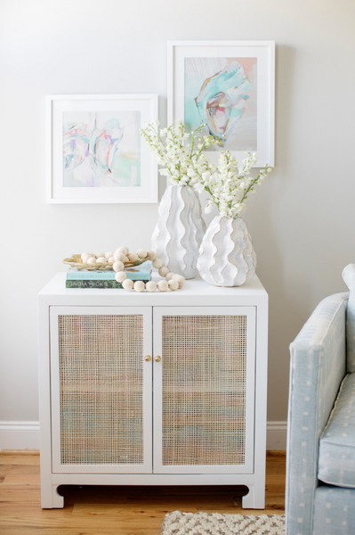 Alden Two Door Cabinet - Matte White Lacquer, Cane, & Brass Knobs