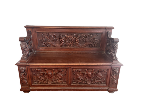 Antique Carved Mahogany and Oak Empire Bench - Matthew Izzo Home