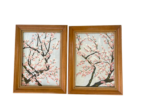 Mid-Century Cherry Blossom Paintings, Oil on Board - Matthew Izzo Home