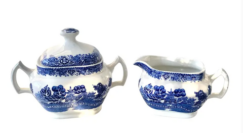 Vintage Blue Willow Woods Ware Creamer and Sugar Bowl with Lid - Set of 2 - Matthew Izzo Home