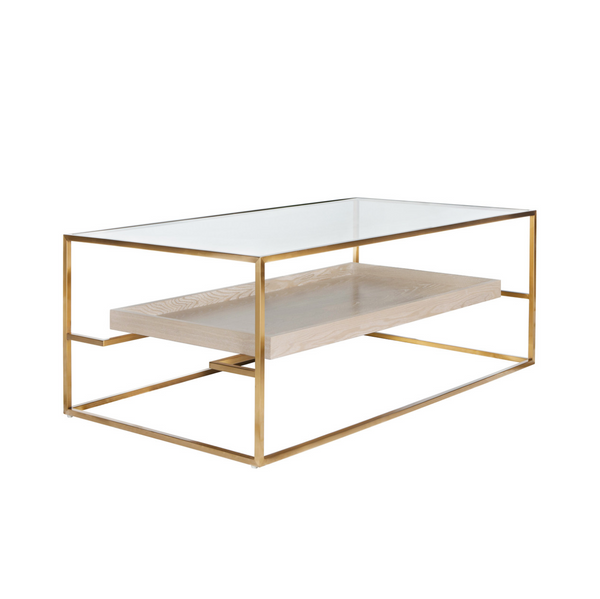 Reagan Glass Top Brass Framed Coffee Table with Cerused Oak Tray
