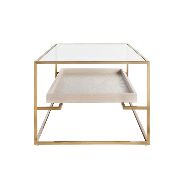 Reagan Glass Top Brass Framed Coffee Table with Cerused Oak Tray