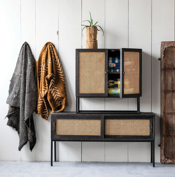 Miller Black Washed Wood, Rattan & Metal TV Stand - Matthew Izzo Collection