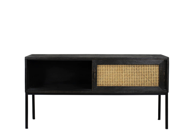 Miller Black Washed Wood, Rattan & Metal TV Stand - Matthew Izzo Collection